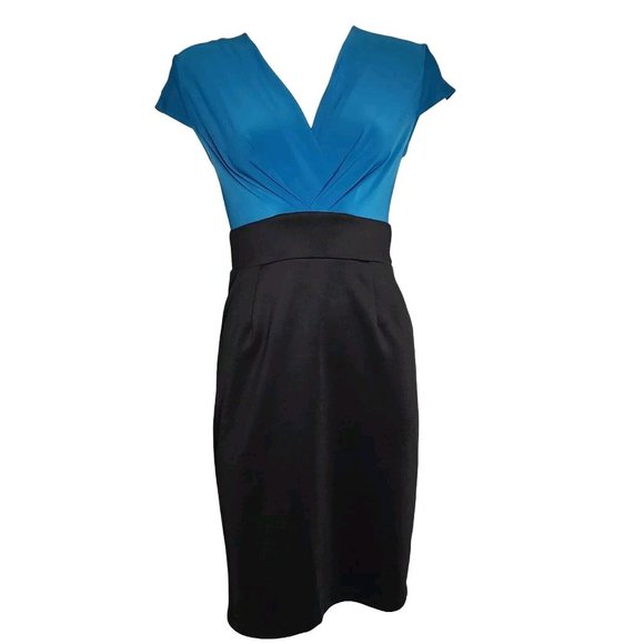 TIANA B Solid Blue and Black Cap Sleeve V Neck Zip Back Dress Womens Size 4 - Picture 1 of 8